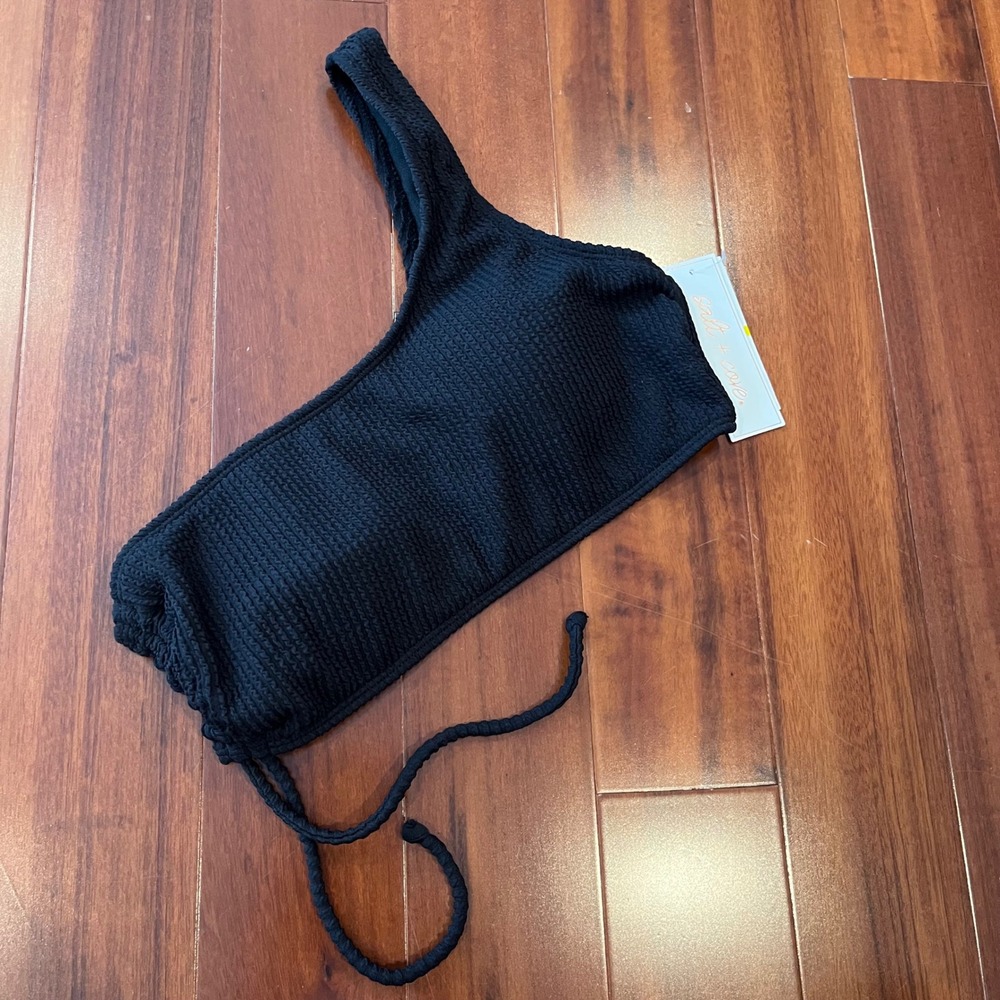Black One Shoulder Bikini Swim Top Ribbed Textured Salt + Cove New Size Medium
